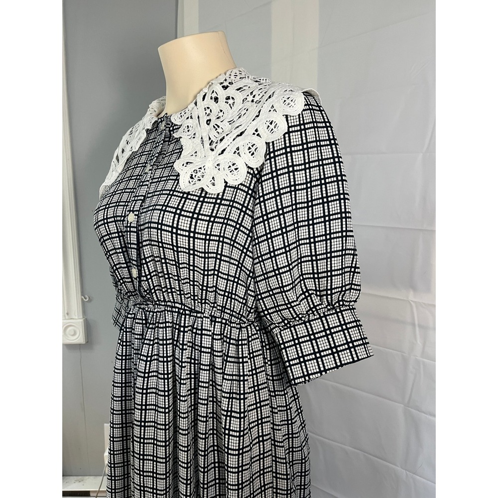 Korean Vintage Style Grid Print Midi Dress Crochet Lace Collar Black White Posh - Picture 2 of 14
